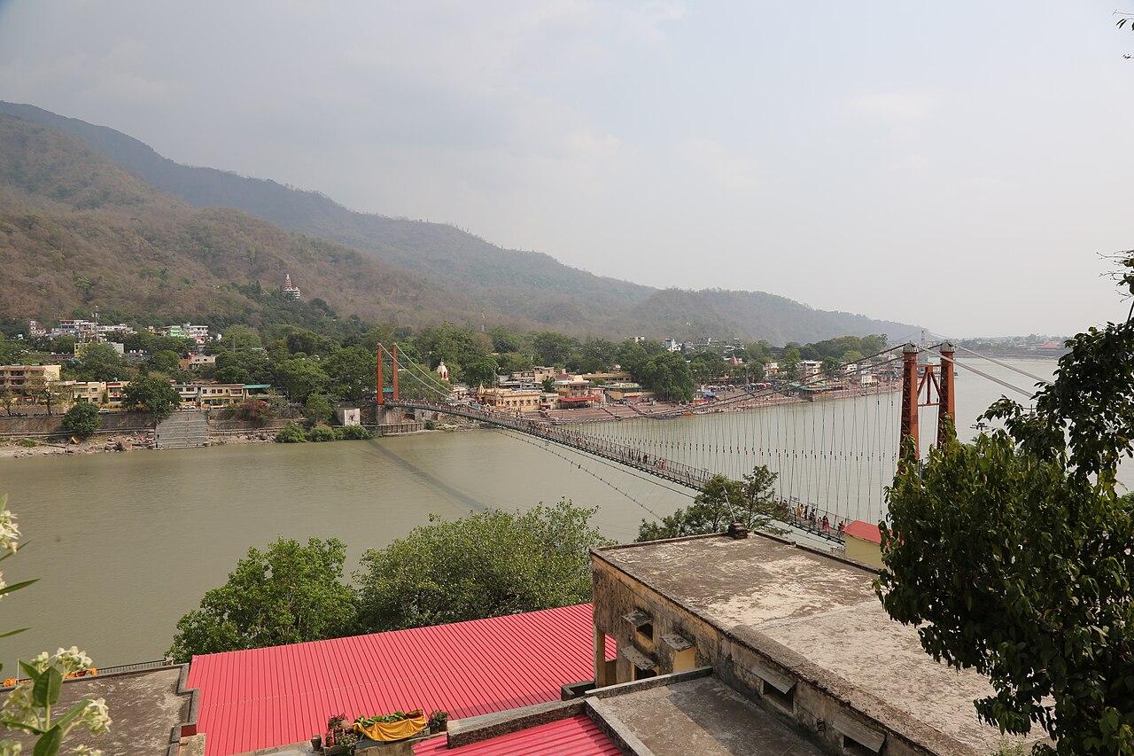 Ram Jhula bridge and ashrams along the Ganges in Rishikesh